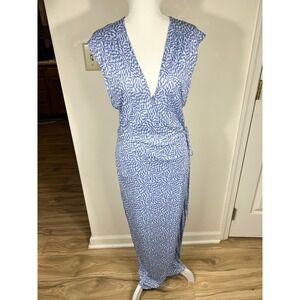 Urban Outfitters Zina Wrap Midi Dress Women M Blue Geometric Print V-Neck Spring